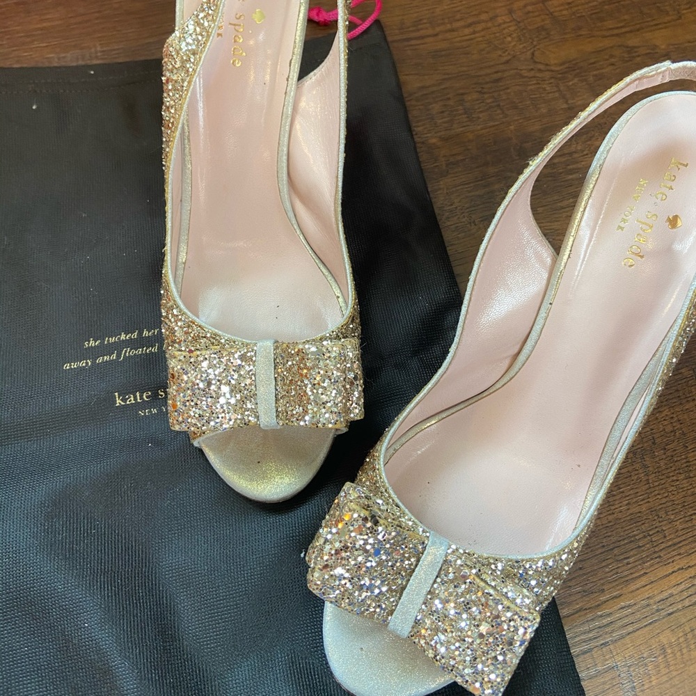 Kate Spade Gold Glitter Bow High Heels